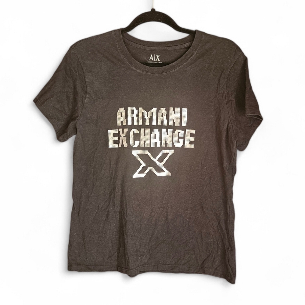 Armani Exchange (A|X) Black Rhinestone Studded Logo Tee - Size XL